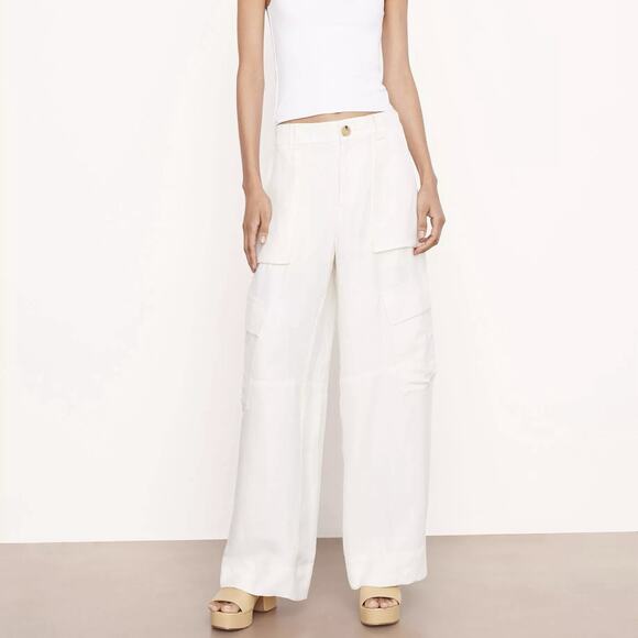 Vince Drop-Waist Wide-Leg Cargo Pants Size 10 Linen Blend Waist 36 Cream Ivory - Picture 2 of 8